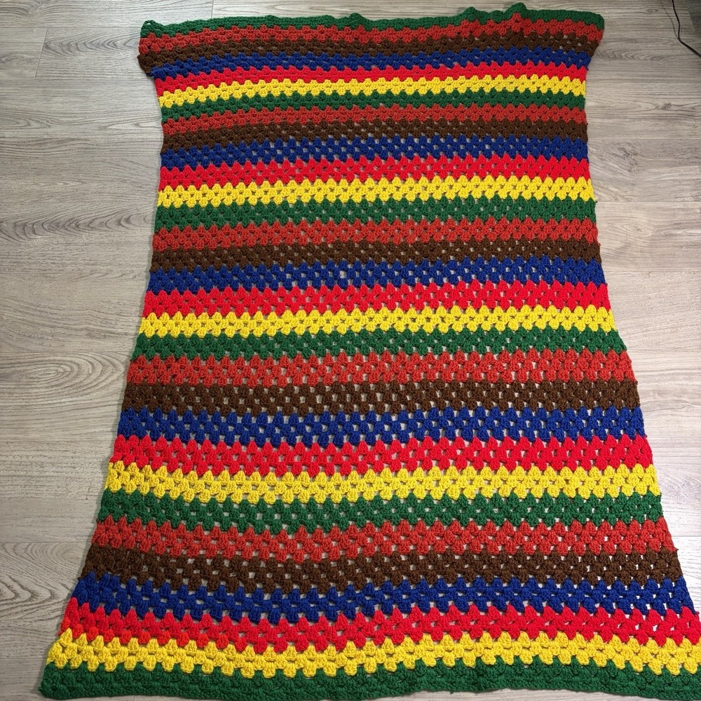 Vintage Large Afghan Hand Knit Crochet Granny Stripes Blanket 60x37 Bright Color